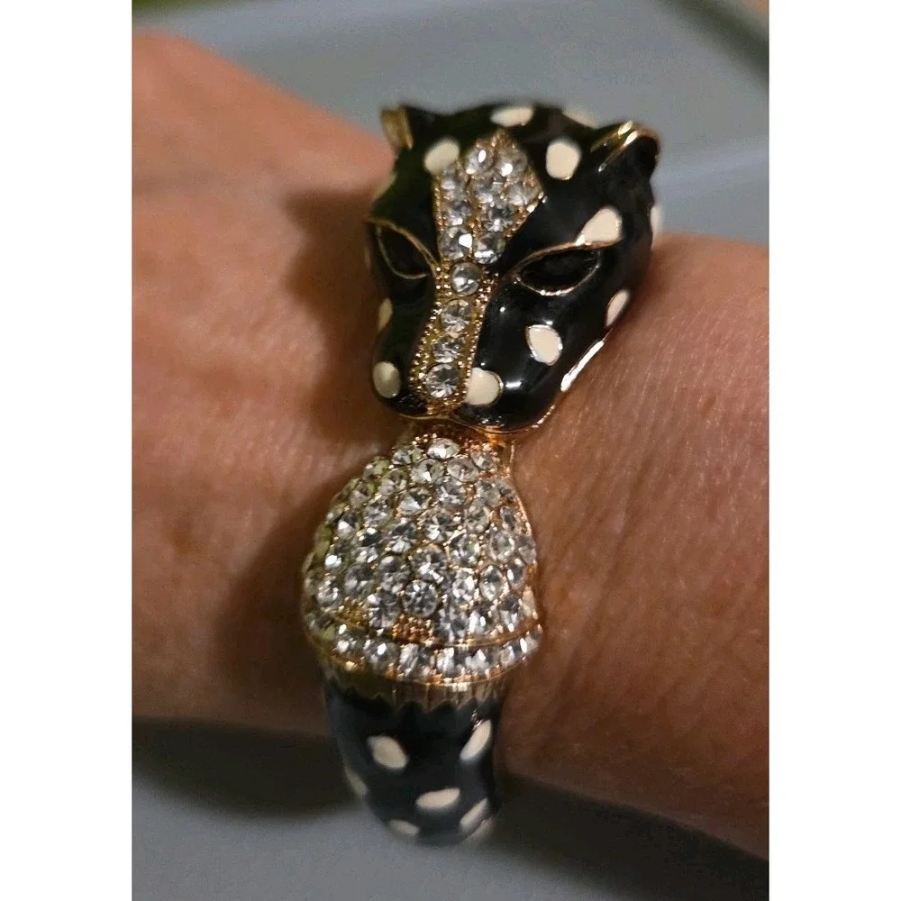 Panther Head Hinged‎ Cuff Bracelet Black White Polka Dot Enamel Rhinestone Gold